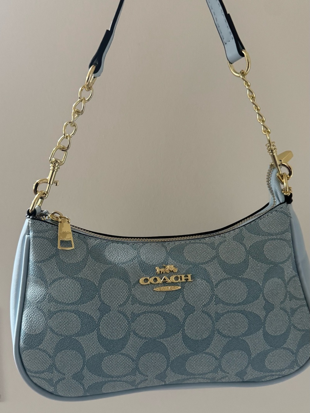 Coach Light Blue Signature Jacquard Shoulder Bag with Gold Hardware